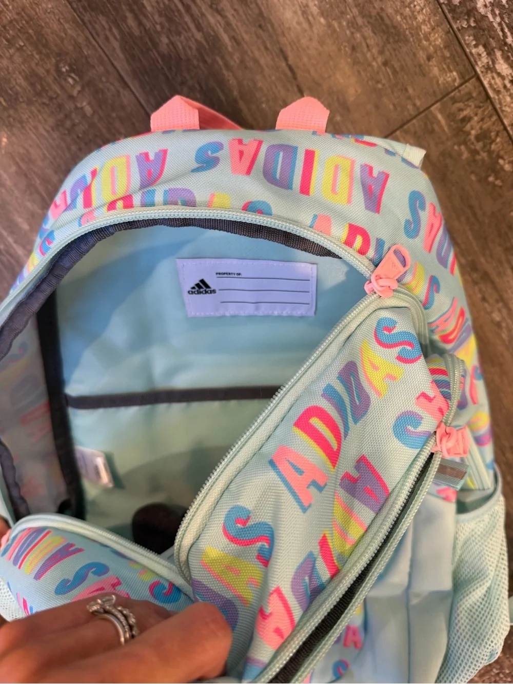 adidas Pastel Blue Backpack with Multicolor Logo Print